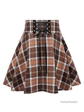 Women's High Waist Lace Up Plaid Skater Skirt Mini Flared A-Line